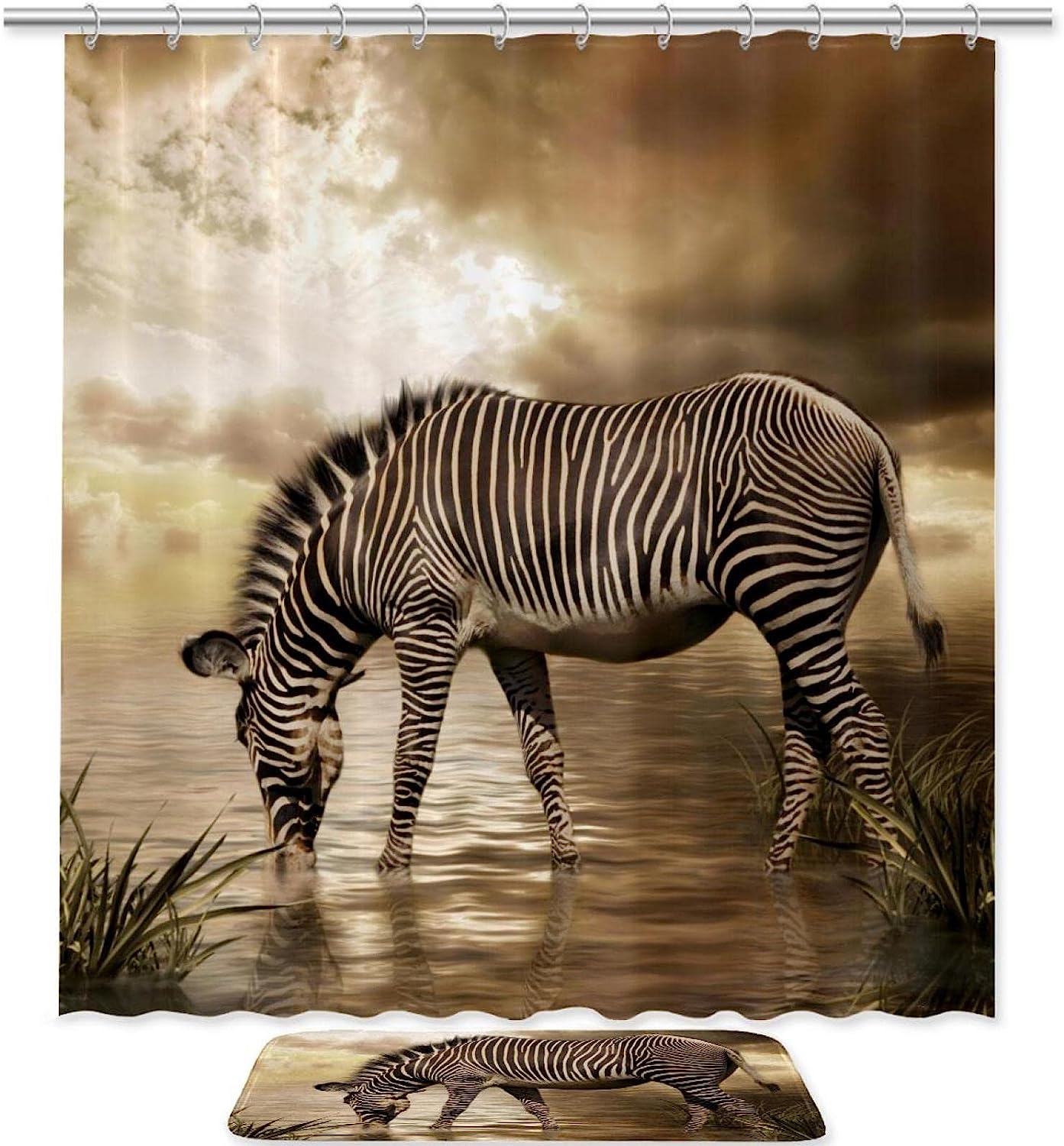 Zebra Drinking Water Decorative Shower Curtain, Waterproof Bathroom Decor