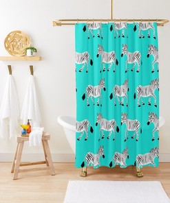 Zebra Parade Print Shower Curtain - Black White on Bright Aqua Blue Mint Unique Design 
