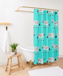 Zebra Parade Print Shower Curtain - Black White on Bright Aqua Blue Mint Unique Design
