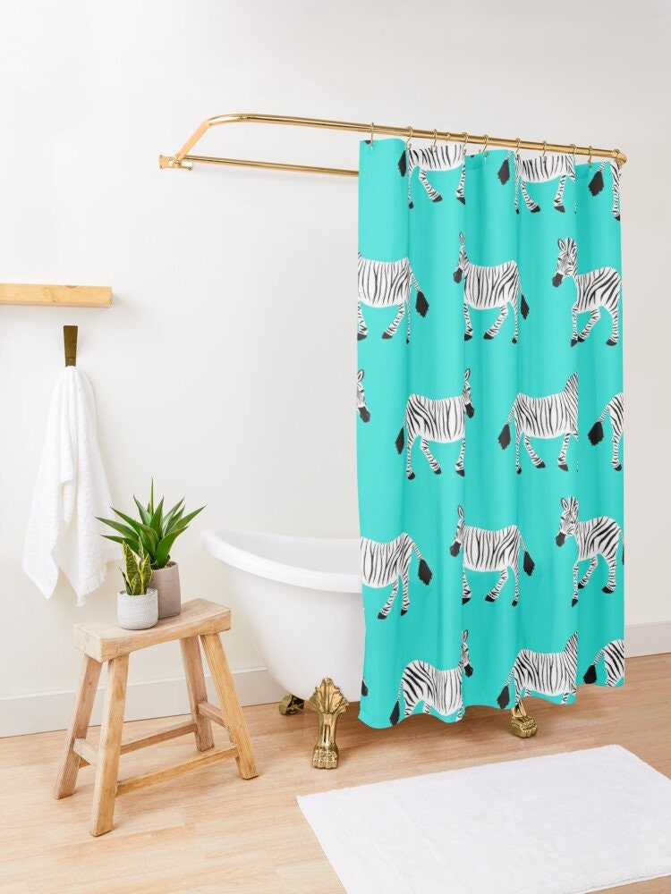 Zebra Parade Print Shower Curtain - Black White on Bright Aqua Blue Mint Unique Design