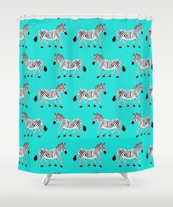 Zebra Parade Print Shower Curtain - Black White on Bright Aqua Blue Mint Unique Design