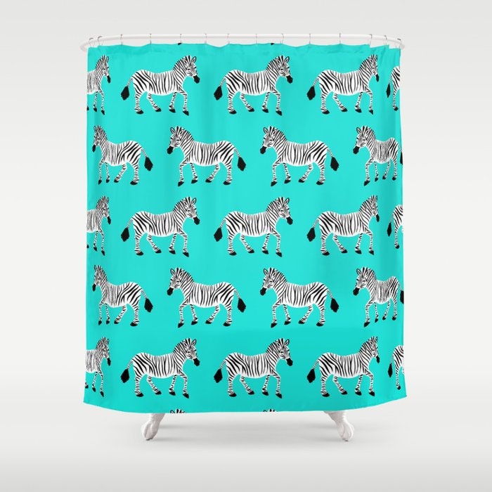 Zebra Parade Print Shower Curtain - Black White on Bright Aqua Blue Mint Unique Design