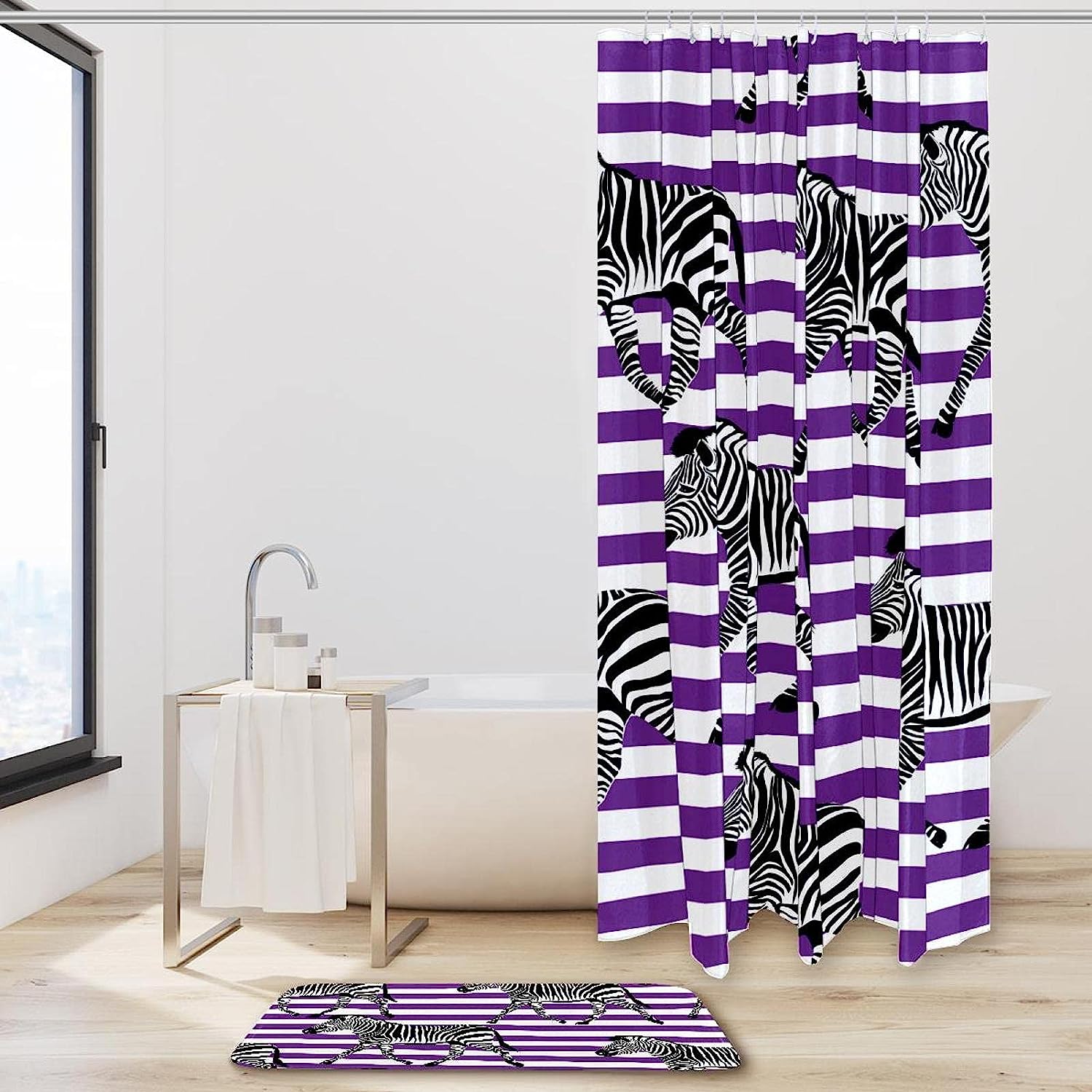Zebra Pattern Print Shower Curtain For Bathroom Tub Set - Image 2