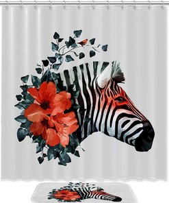 Zebra Print Shower Curtain with Flower Additions for Nature Inspired Bathroom Design