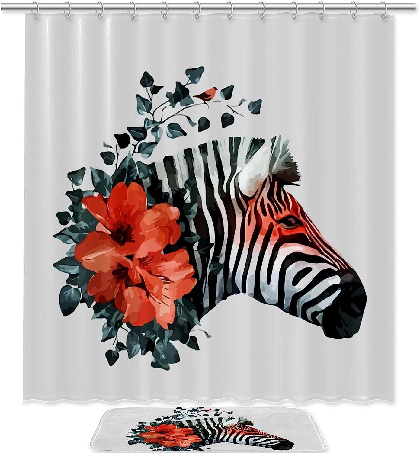 Zebra Print Shower Curtain with Flower Additions for Nature Inspired Bathroom Design