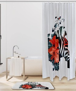 Zebra Print Shower Curtain with Flower Additions for Nature Inspired Bathroom Design
