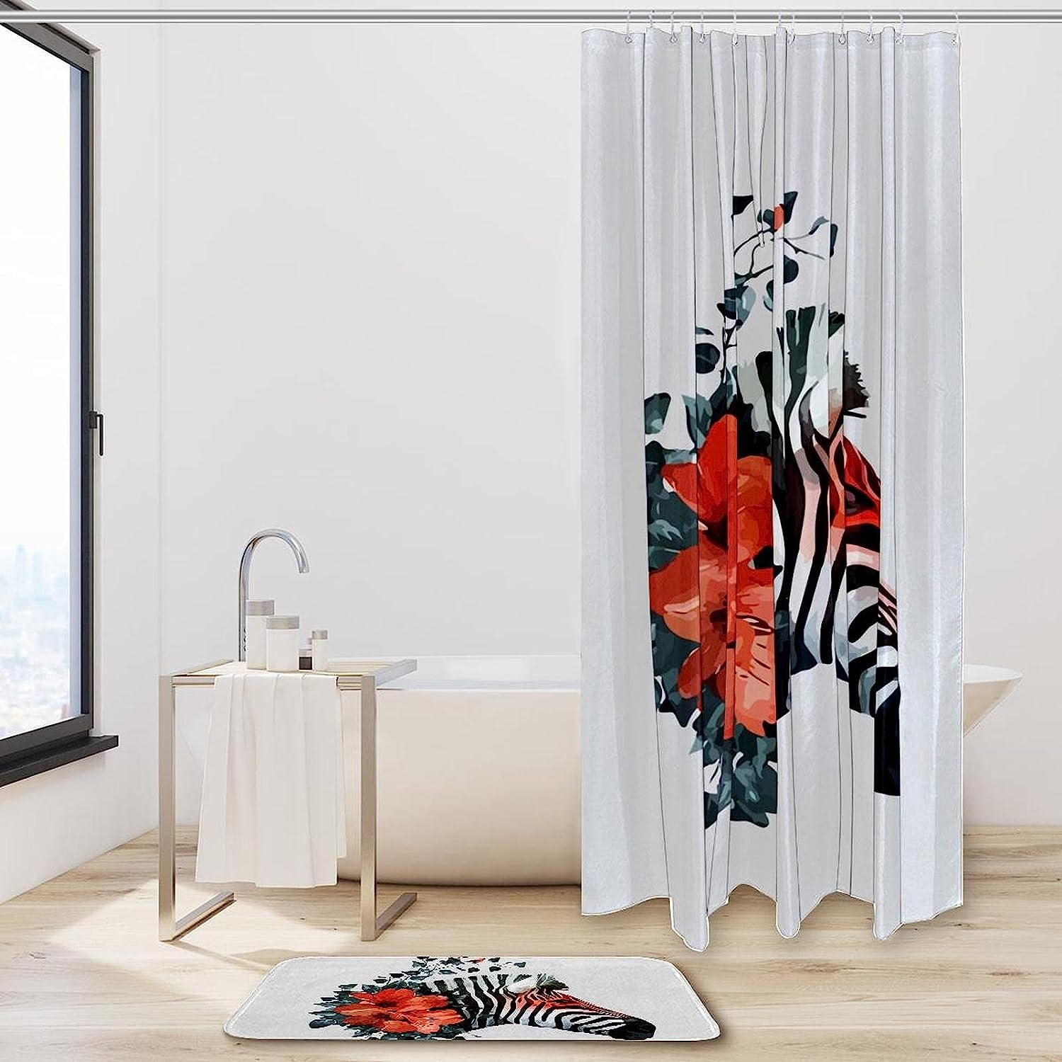 Zebra Print Shower Curtain with Flower Additions for Nature Inspired Bathroom Design