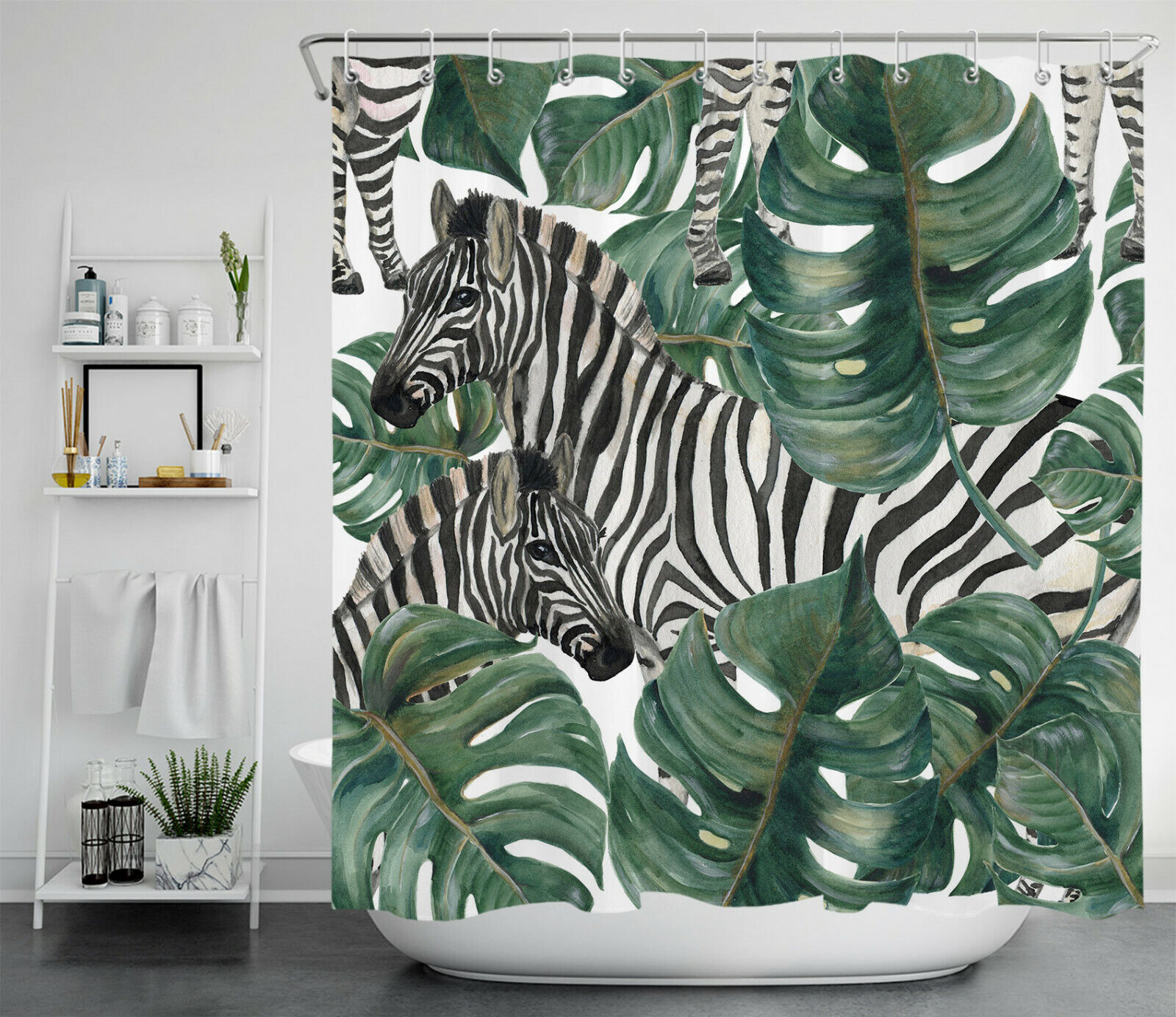 Zebra Print Tropical Shower Curtain For Bathroom - Image 2
