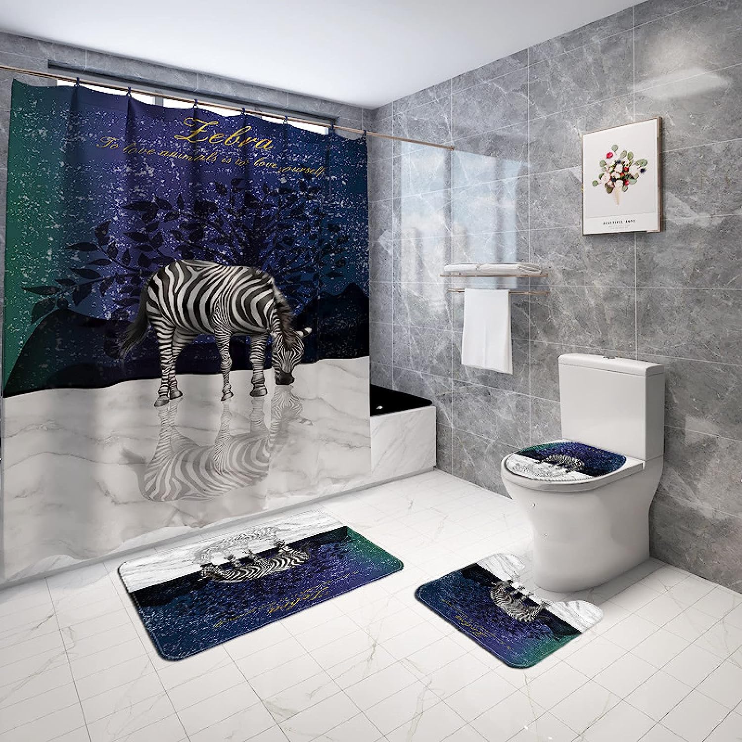 Zebra Print Waterproof Bath Curtain Set With Shower Curtain And Accessories