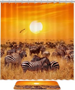 Zebra Print With Sunset Beach Scenery Print Shower Curtain For Bathroom Tub Set