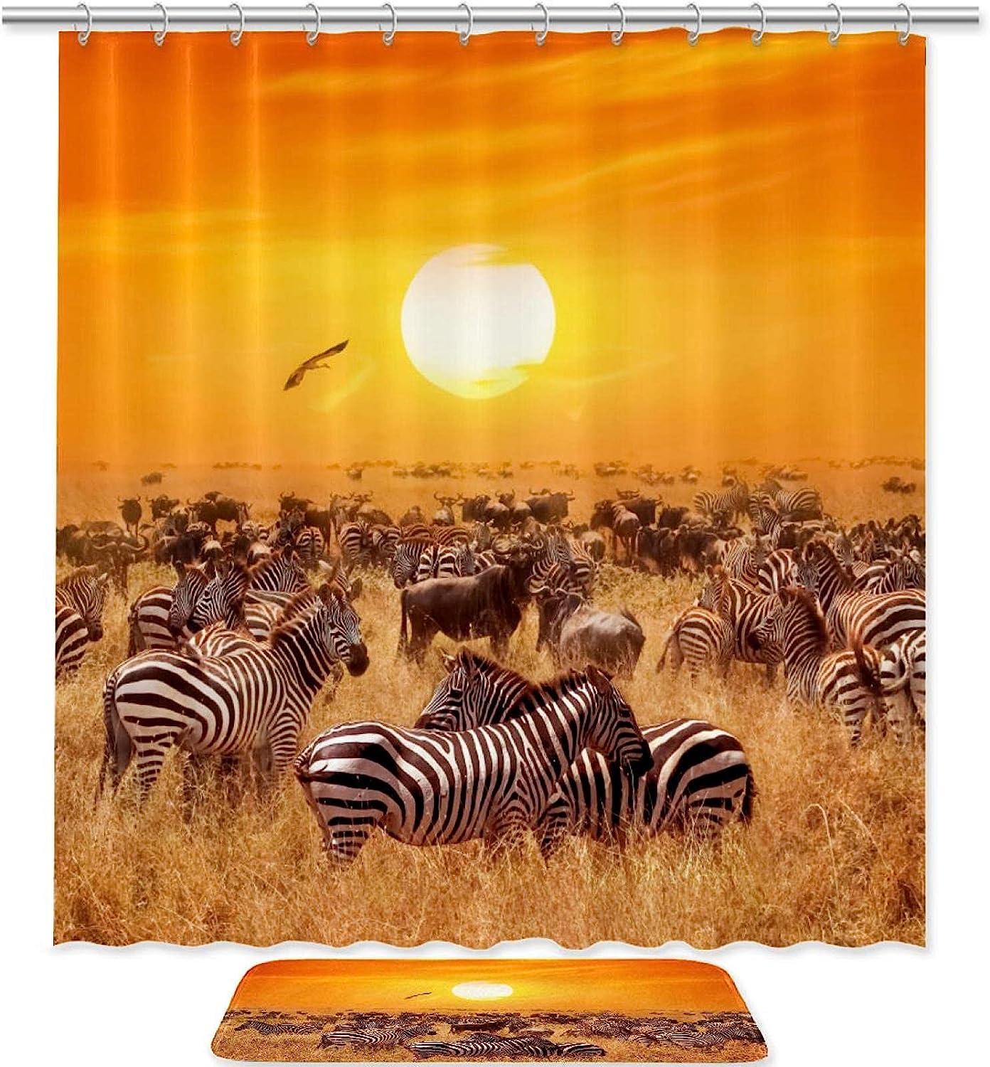 Zebra Print With Sunset Beach Scenery Print Shower Curtain For Bathroom Tub Set