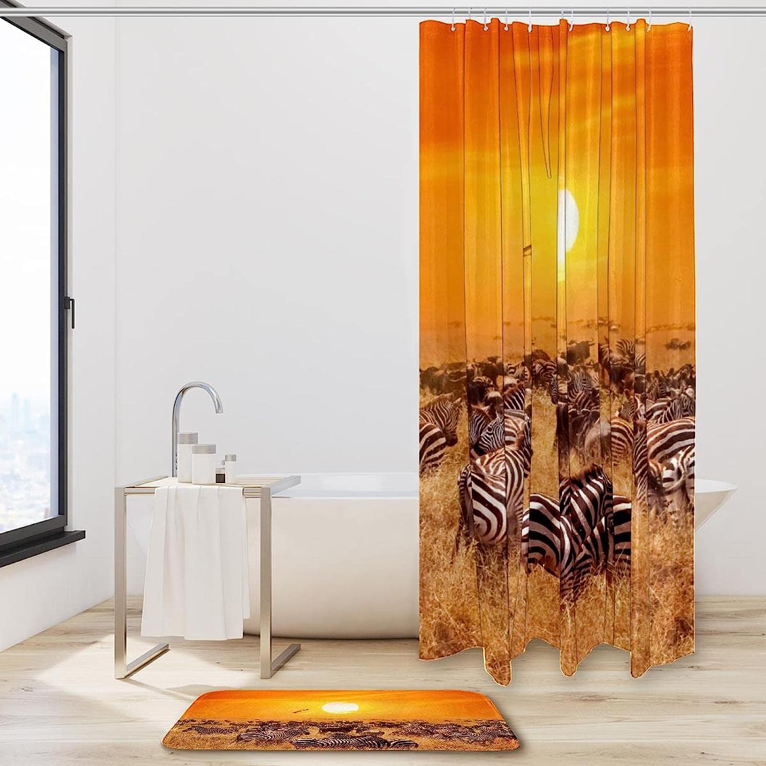Zebra Print With Sunset Beach Scenery Print Shower Curtain For Bathroom Tub Set - Image 2