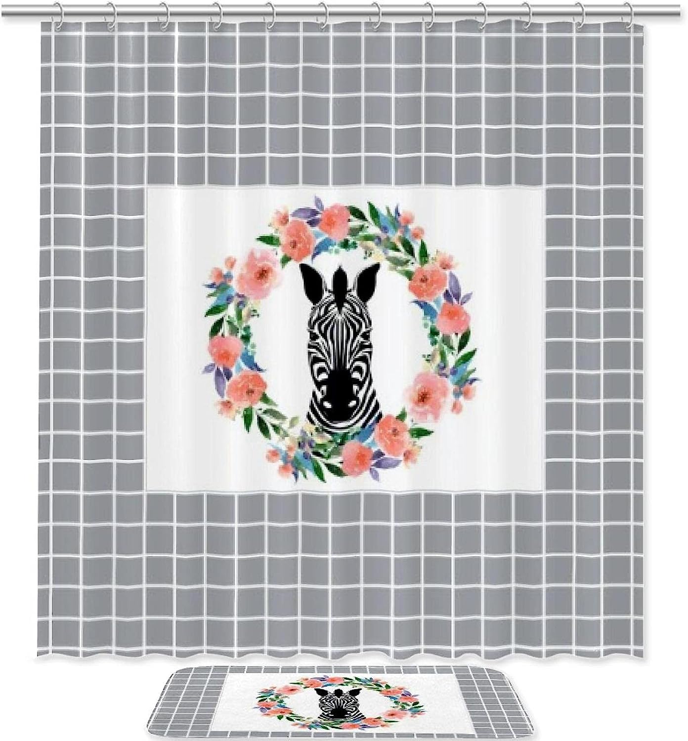 Zebra Print with Flower Accent Bathroom Shower Curtain Waterproof for Refreshing Bathrooms