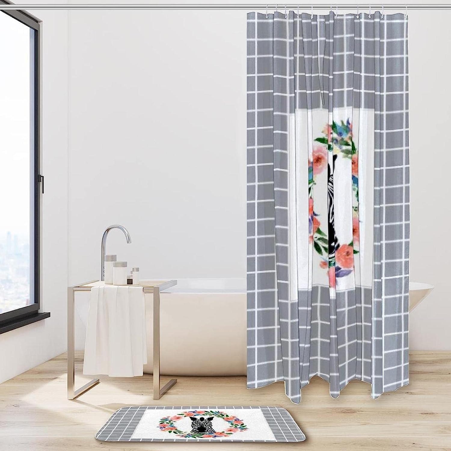 Zebra Print with Flower Accent Bathroom Shower Curtain Waterproof for Refreshing Bathrooms