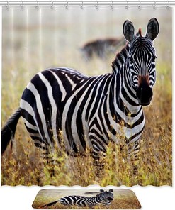 Zebra Shower Curtain With African Savanna Waterproof Fabric
