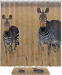 Zebra Squared Shower Curtain, Set of 2, Waterproof Fabric for Bathroom Decor