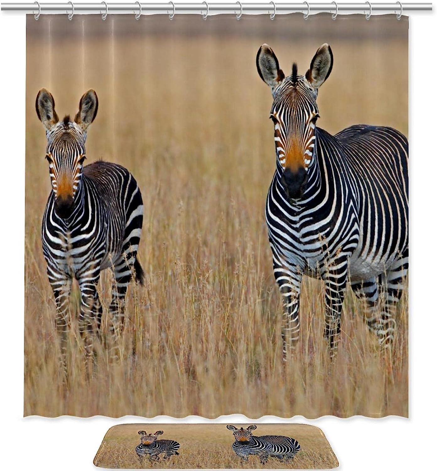 Zebra Squared Shower Curtain, Set of 2, Waterproof Fabric for Bathroom Decor