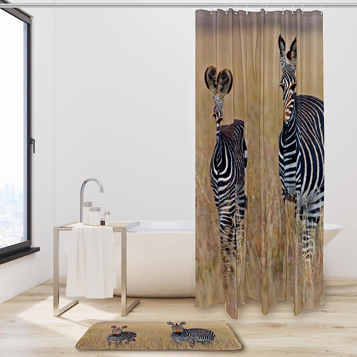 Zebra Squared Shower Curtain, Set of 2, Waterproof Fabric for Bathroom Decor