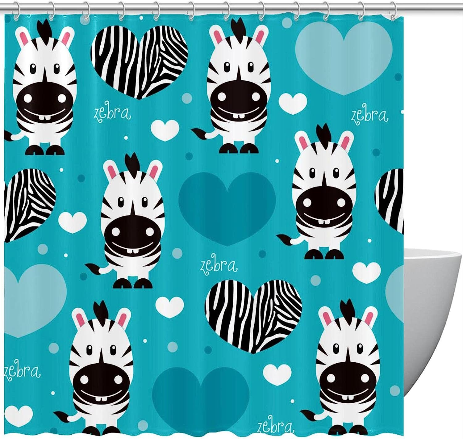 Zebra and Heart Print Fabric Shower Curtain for Girly Bathroom Decor