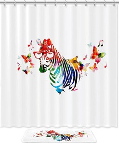 Zebra with Butterflies Shower Curtain, Set of 2, Waterproof Fabric for Bathroom Decor