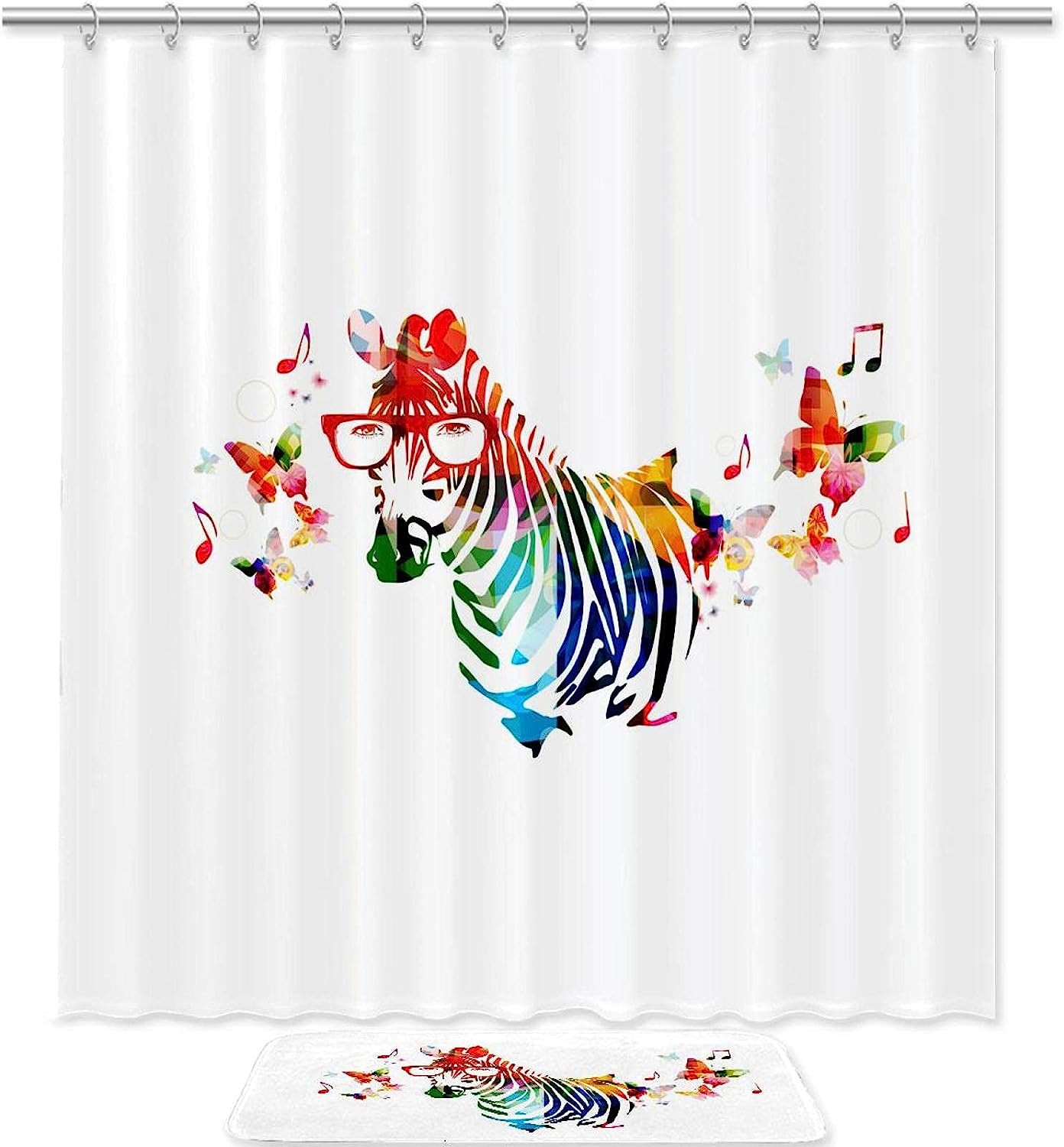 Zebra with Butterflies Shower Curtain, Set of 2, Waterproof Fabric for Bathroom Decor