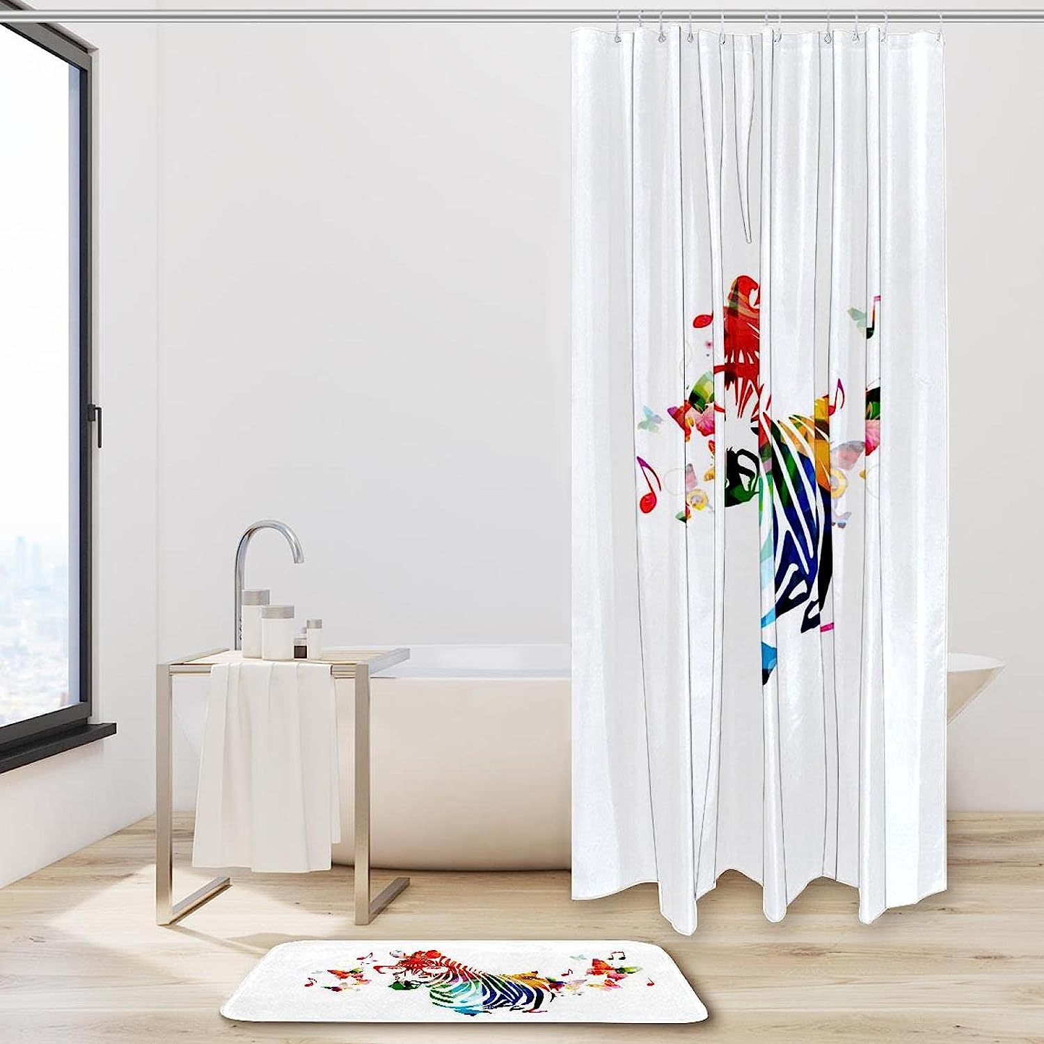 Zebra with Butterflies Shower Curtain, Set of 2, Waterproof Fabric for Bathroom Decor