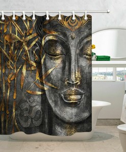 Zen Bamboo Leaves Shower Curtain With Buddha And Water Drops For Bathroom Decor