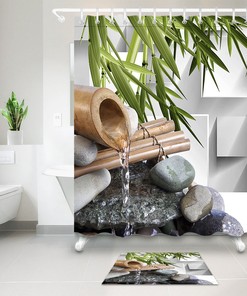 Zen Garden Fountain Stones Bamboo Leaf Shower Curtain For Relaxing Bathroom Decor