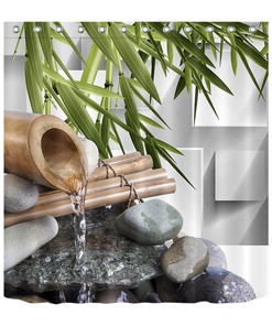 Zen Garden Fountain Stones Bamboo Leaf Shower Curtain For Relaxing Bathroom Decor