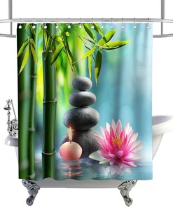 Zen Garden Print Bathroom Decor Pebblestone Green Bamboo Lotus and Candle Theme Fabric Asian Landscape Shower Curtain