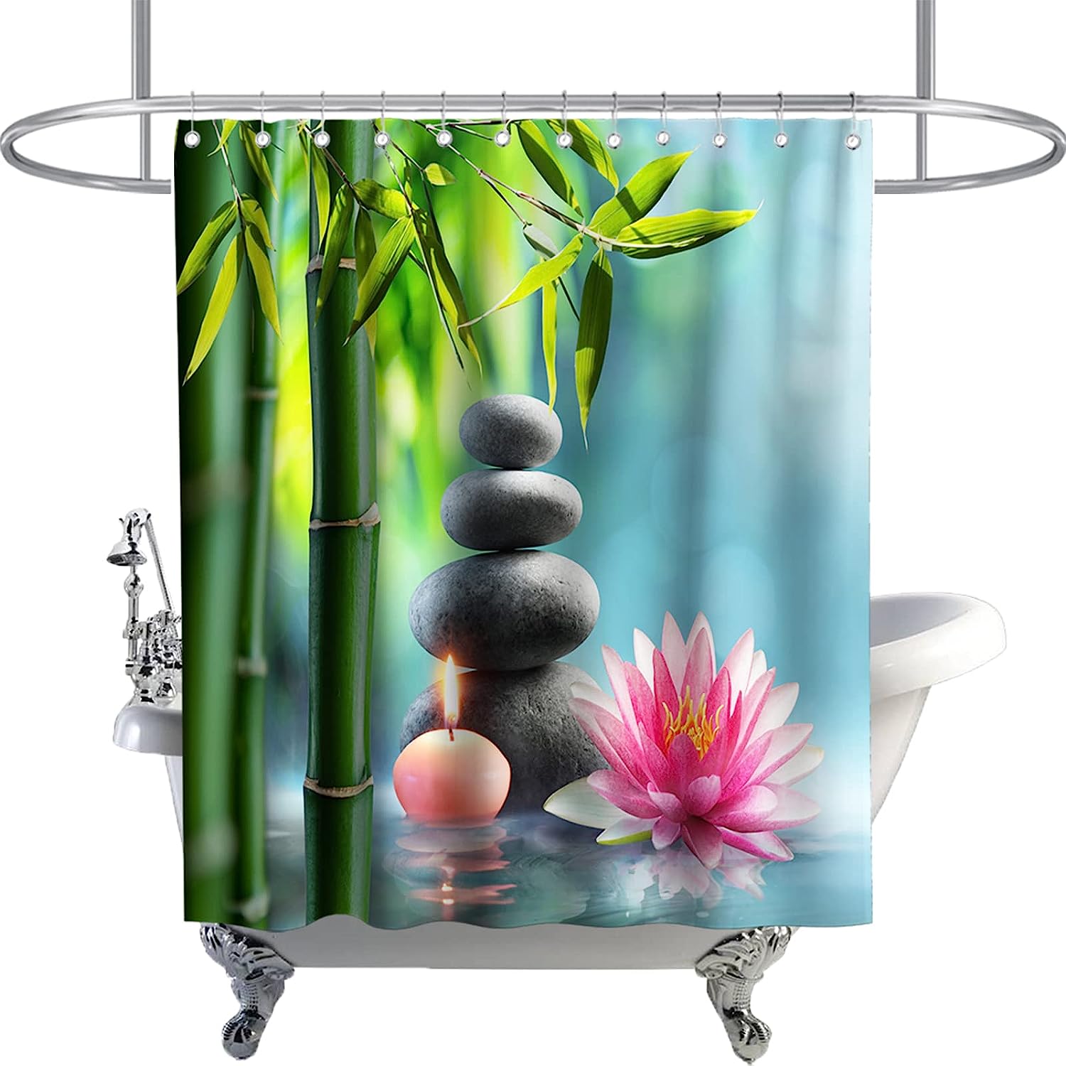 Zen Garden Print Bathroom Decor Pebblestone Green Bamboo Lotus and Candle Theme Fabric Asian Landscape Shower Curtain