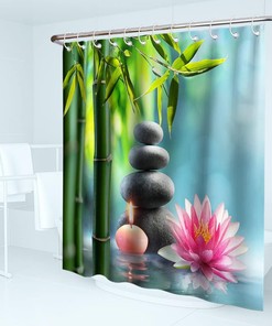 Zen Garden Print Bathroom Decor Pebblestone Green Bamboo Lotus and Candle Theme Fabric Asian Landscape Shower Curtain