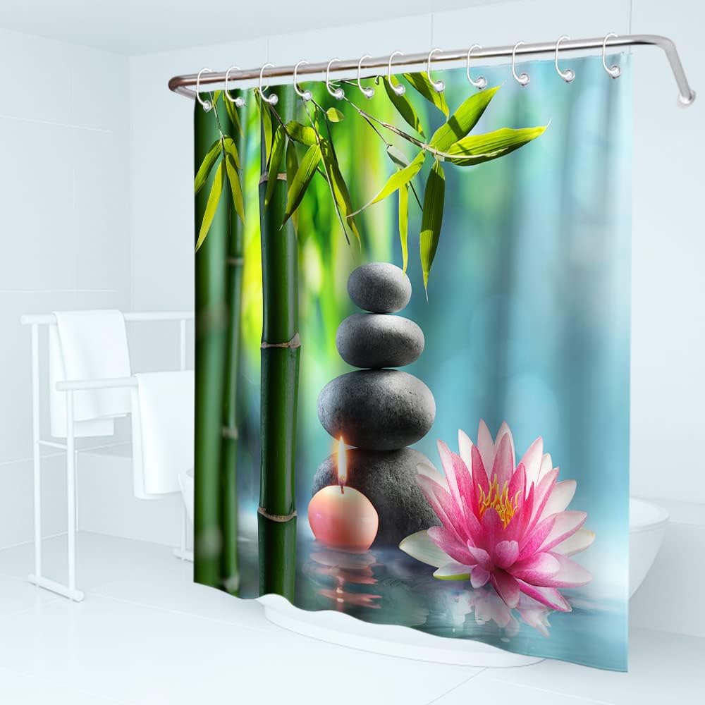 Zen Garden Print Bathroom Decor Pebblestone Green Bamboo Lotus and Candle Theme Fabric Asian Landscape Shower Curtain
