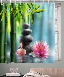 Zen Garden Print Bathroom Decor Pebblestone Green Bamboo Lotus and Candle Theme Fabric Asian Landscape Shower Curtain