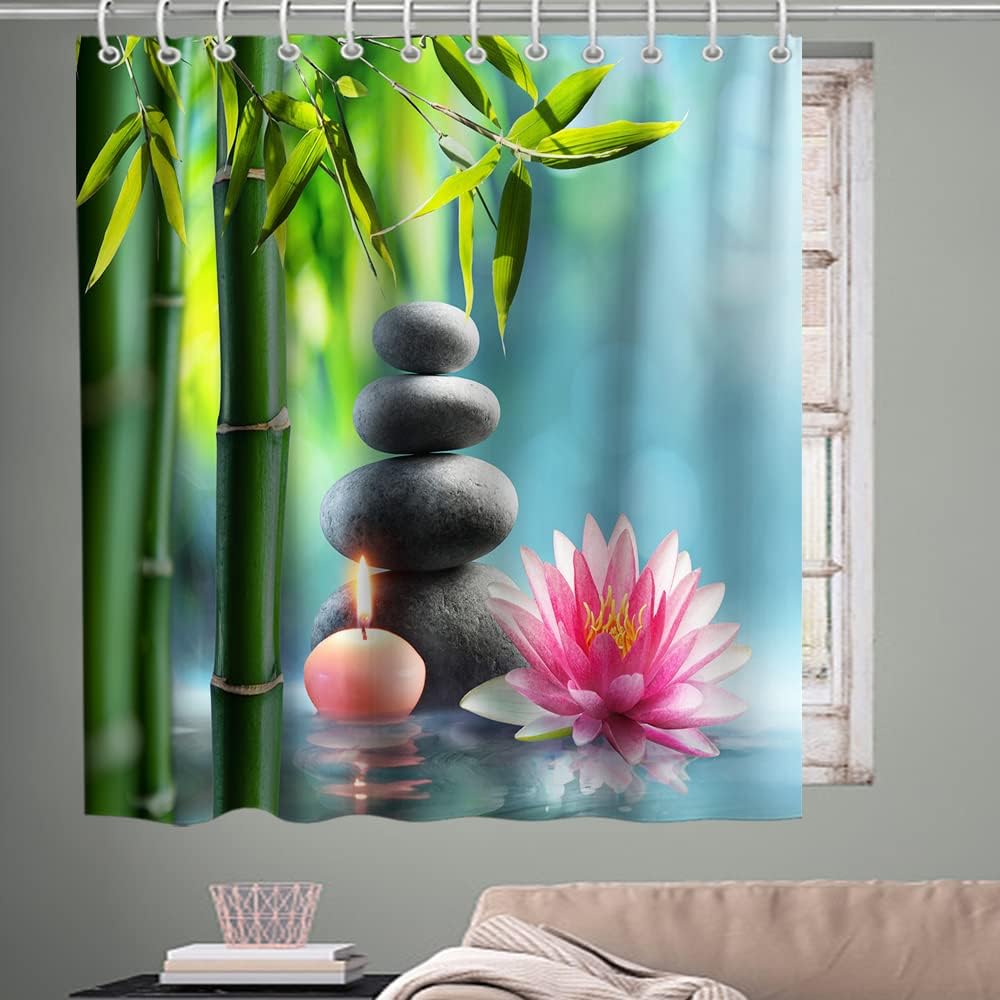 Zen Garden Print Bathroom Decor Pebblestone Green Bamboo Lotus and Candle Theme Fabric Asian Landscape Shower Curtain