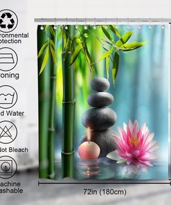 Zen Garden Print Bathroom Decor Pebblestone Green Bamboo Lotus and Candle Theme Fabric Asian Landscape Shower Curtain