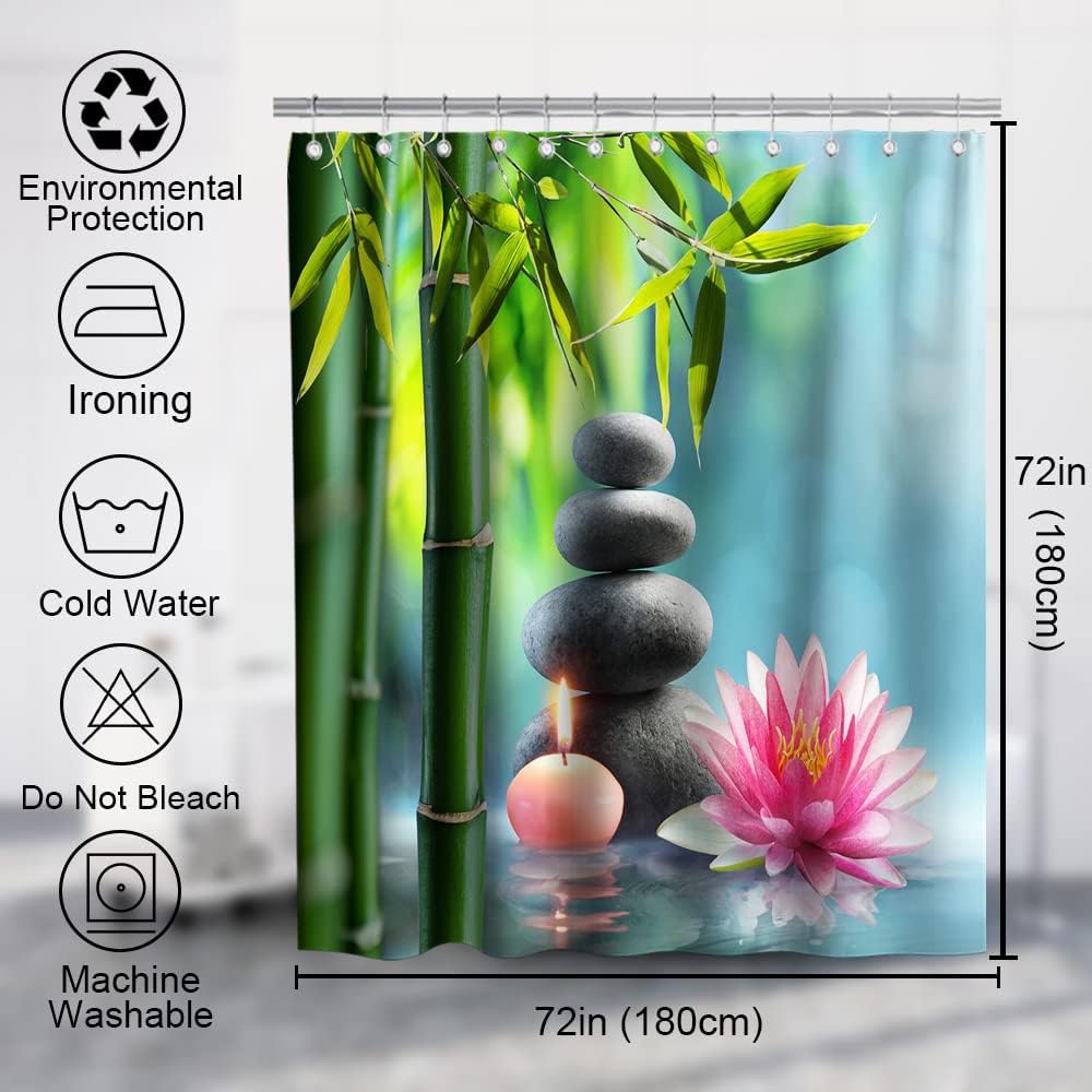 Zen Garden Print Bathroom Decor Pebblestone Green Bamboo Lotus and Candle Theme Fabric Asian Landscape Shower Curtain
