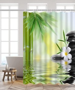 Zen Garden Shower Curtain, Green and White with Relaxing Spa Design for Bathroom