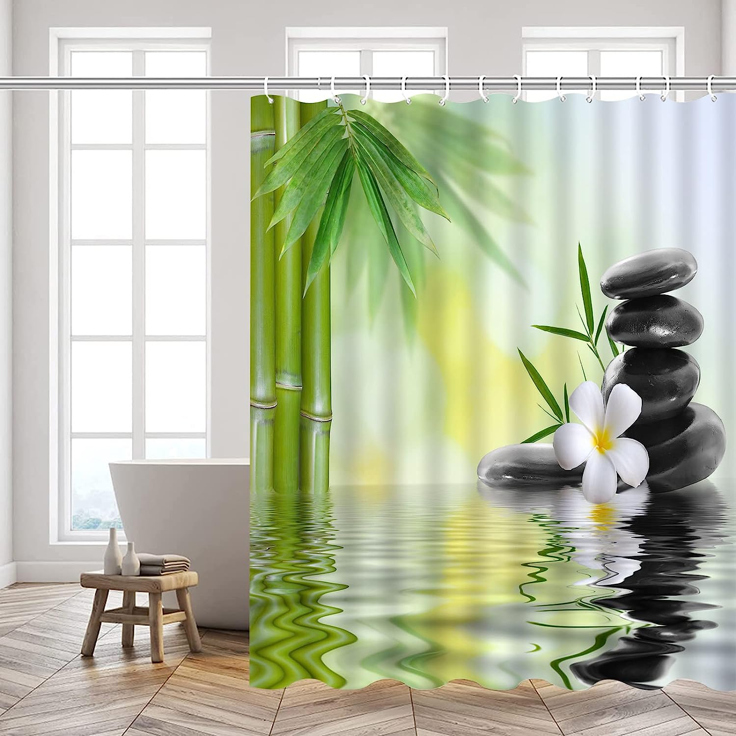 Zen Garden Shower Curtain, Green and White with Relaxing Spa Design for Bathroom