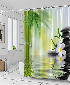 Zen Garden Shower Curtain, Green and White with Relaxing Spa Design for Bathroom