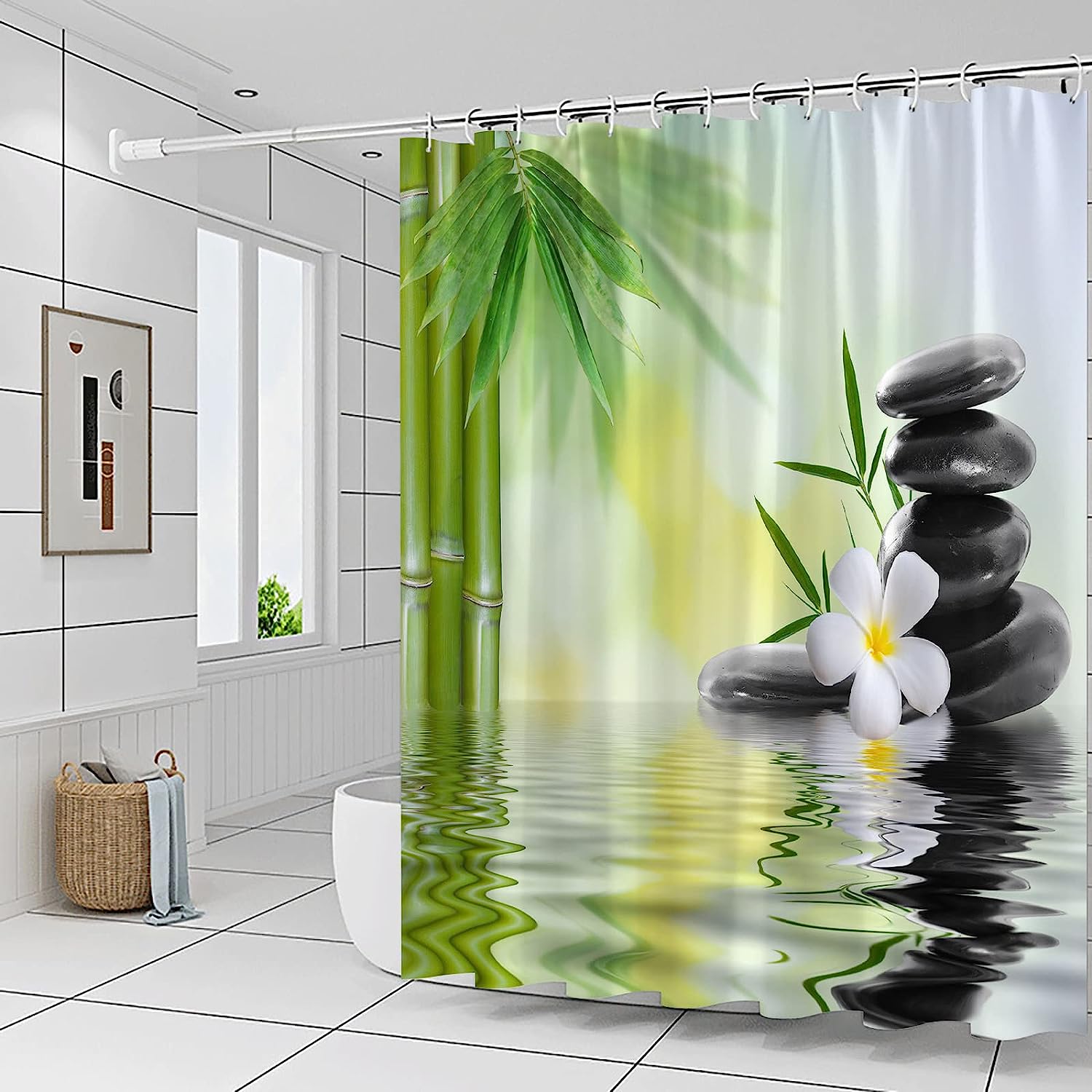 Zen Garden Shower Curtain, Green and White with Relaxing Spa Design for Bathroom