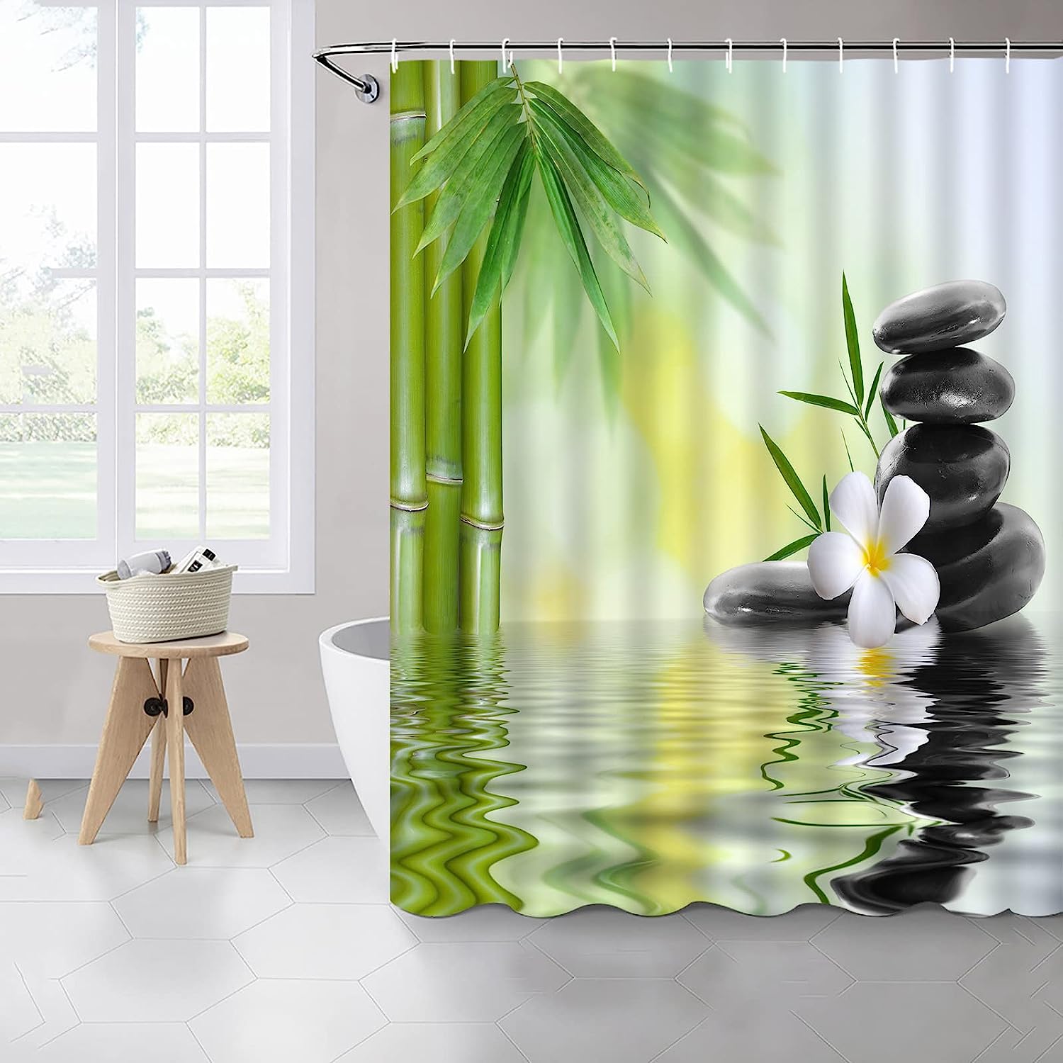 Zen Garden Shower Curtain, Green and White with Relaxing Spa Design for Bathroom