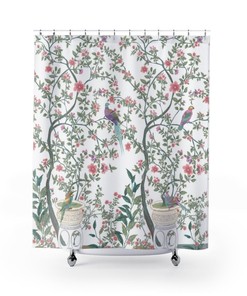 Zen Garden Shower Curtain with Chinoiserie Peacock and Cherry Blossom Pattern