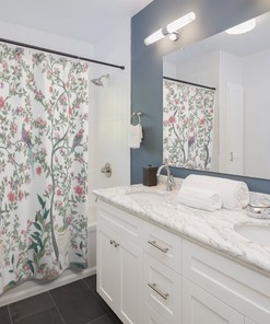 Zen Garden Shower Curtain with Chinoiserie Peacock and Cherry Blossom Pattern