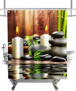 Zen Life Japanese Spa Garden Shower Curtain with White Candle and Black Pebblestone Design for Bathroom Decor