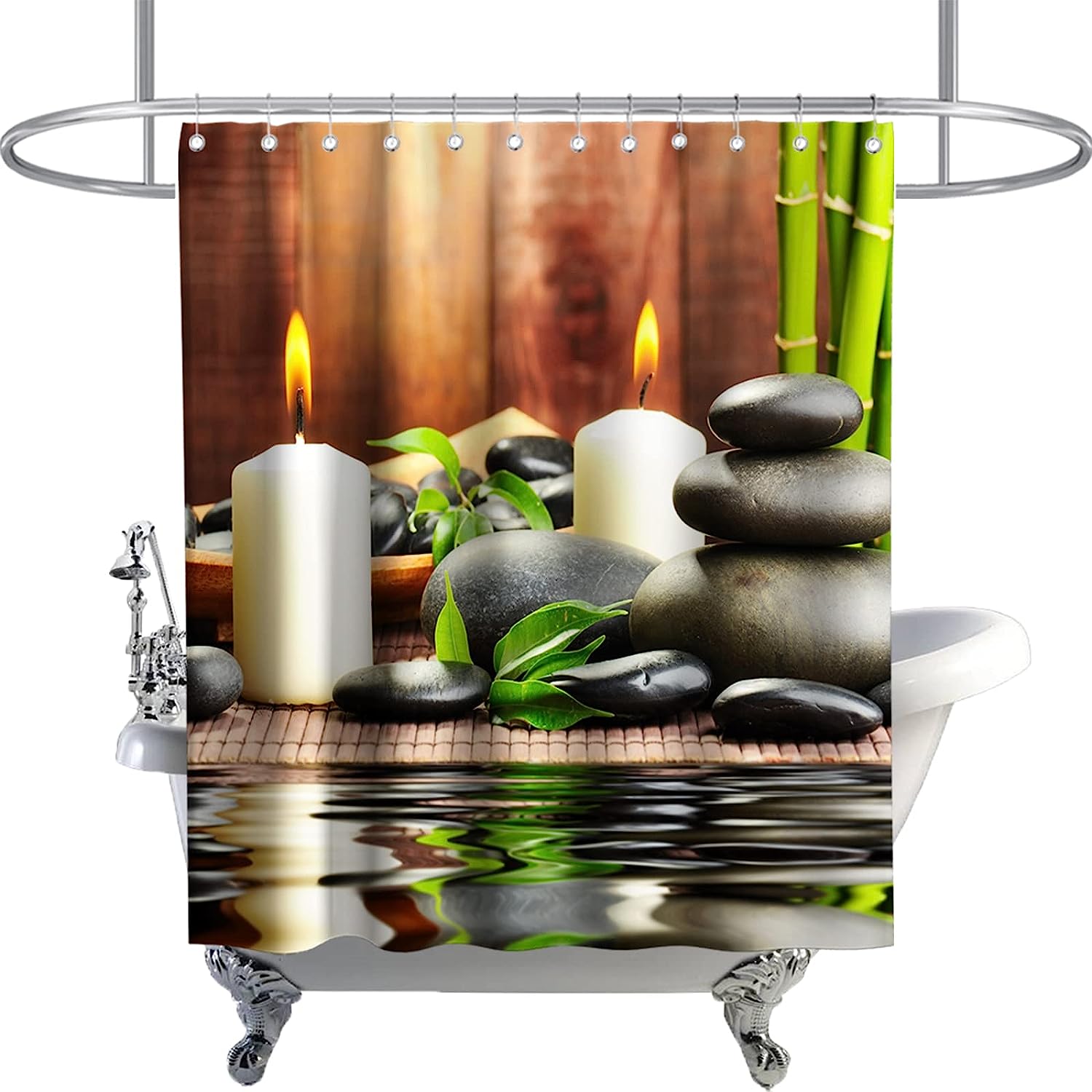 Zen Life Japanese Spa Garden Shower Curtain with White Candle and Black Pebblestone Design for Bathroom Decor