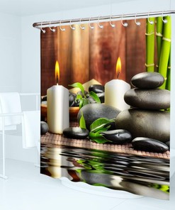 Zen Life Japanese Spa Garden Shower Curtain with White Candle and Black Pebblestone Design for Bathroom Decor