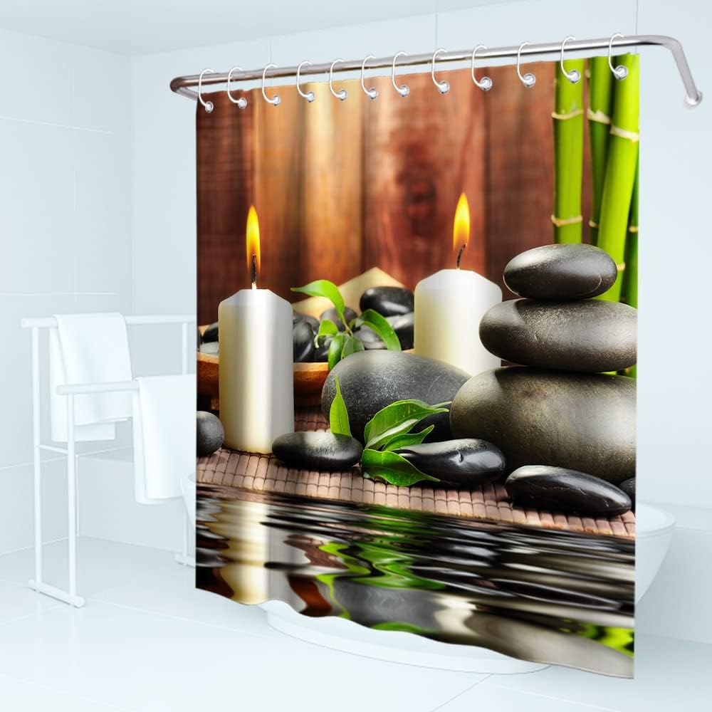 Zen Life Japanese Spa Garden Shower Curtain with White Candle and Black Pebblestone Design for Bathroom Decor