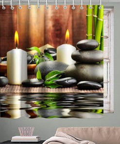 Zen Life Japanese Spa Garden Shower Curtain with White Candle and Black Pebblestone Design for Bathroom Decor
