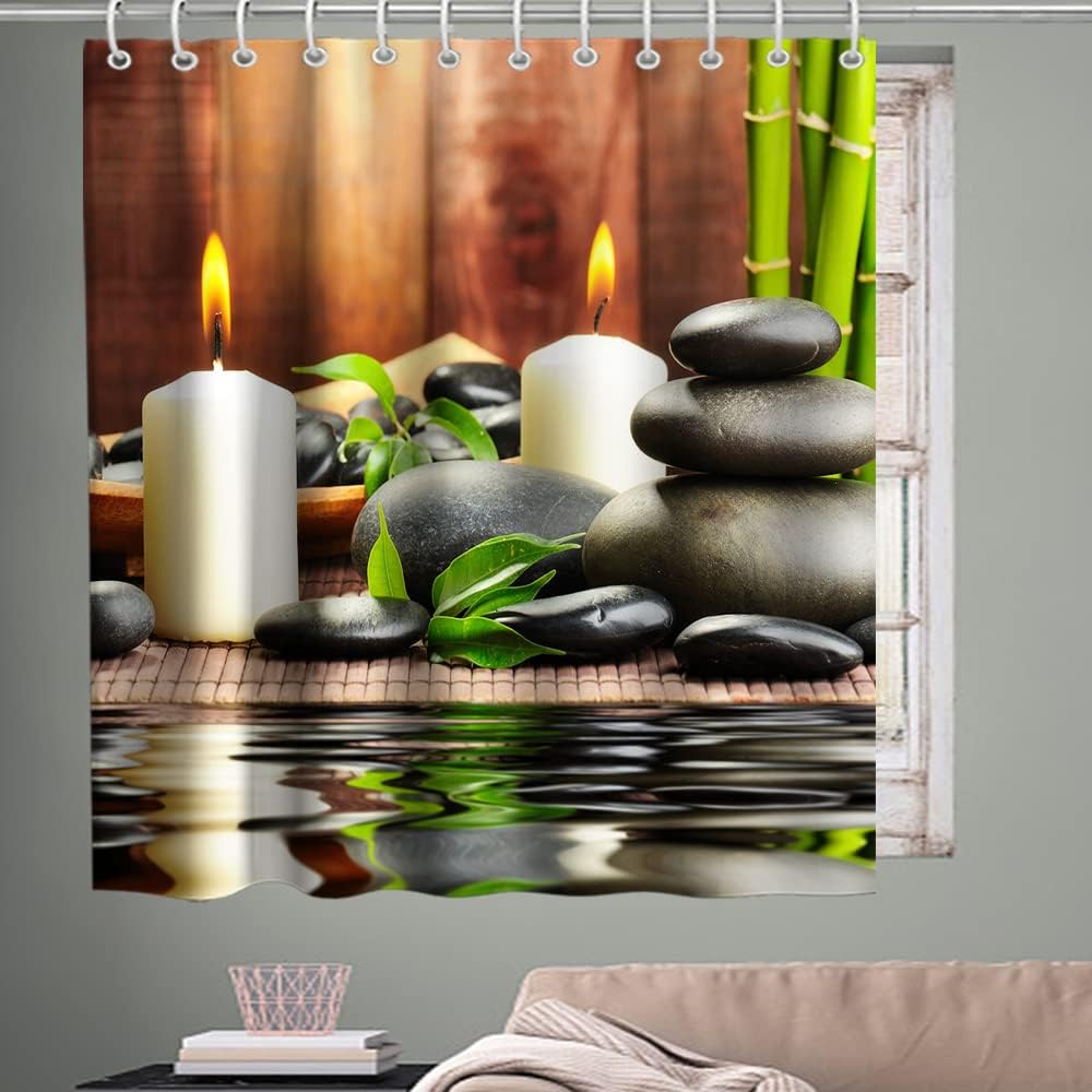 Zen Life Japanese Spa Garden Shower Curtain with White Candle and Black Pebblestone Design for Bathroom Decor